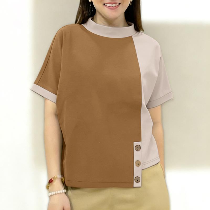 ZANZEA Women Casual Stand Collar Short Sleeve Patchwork Tee Shirts