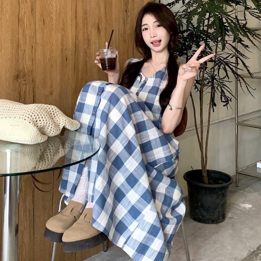Retro style plaid button off-the-shoulder vest dress women's summer casual loose waist thin A-shaped long dress