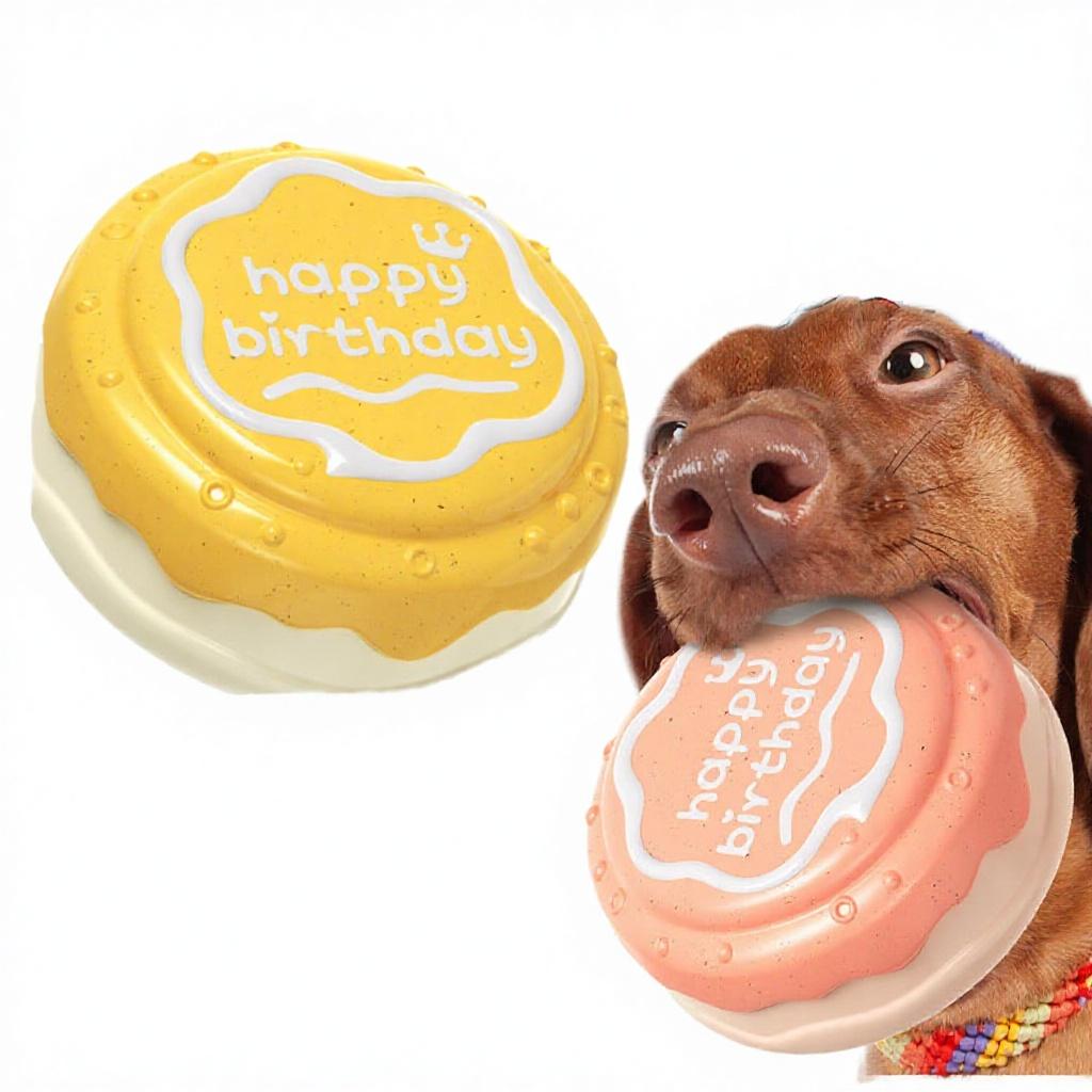 Interactive Indoor Dog Birthday Gift Ball Toy Funny Squeaky Chew Toy Cartoon Cute Birthday Cake Shape Daily Use TPR Pet Bag