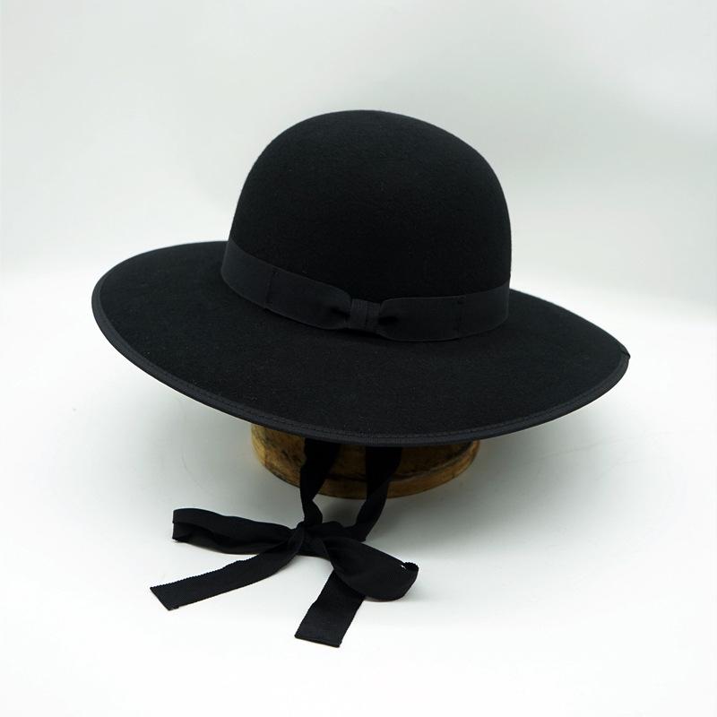

Black Hepburn Retro Elegant Lace-Up Wide Brim Wool Woolen Japanese Bowler Hat Women S Autumn And Winter Felt British French M（56-58cm）