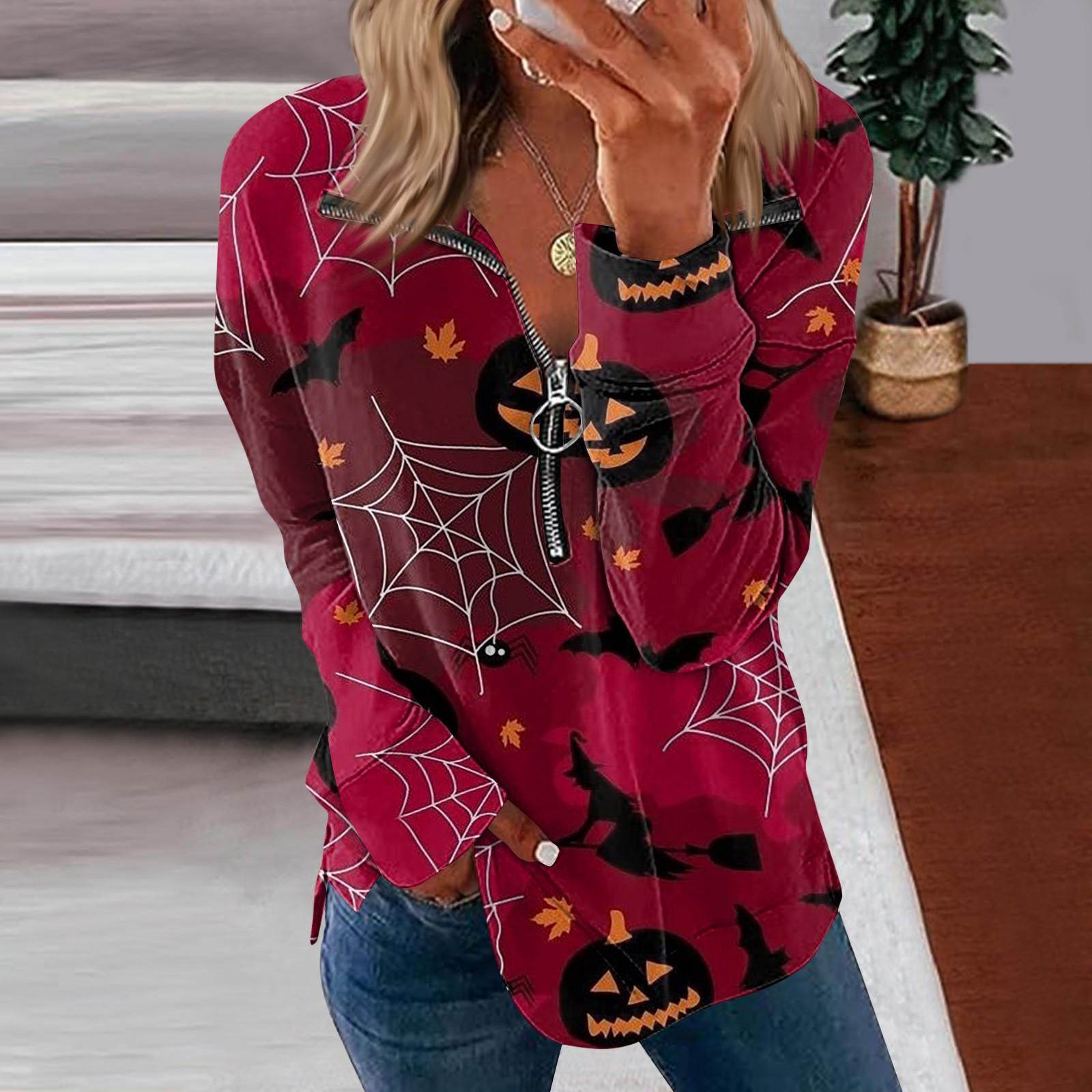 

Women s Fashion Long Sleeve Tie Halloween Print Zipper Hoodie Top XXL красный