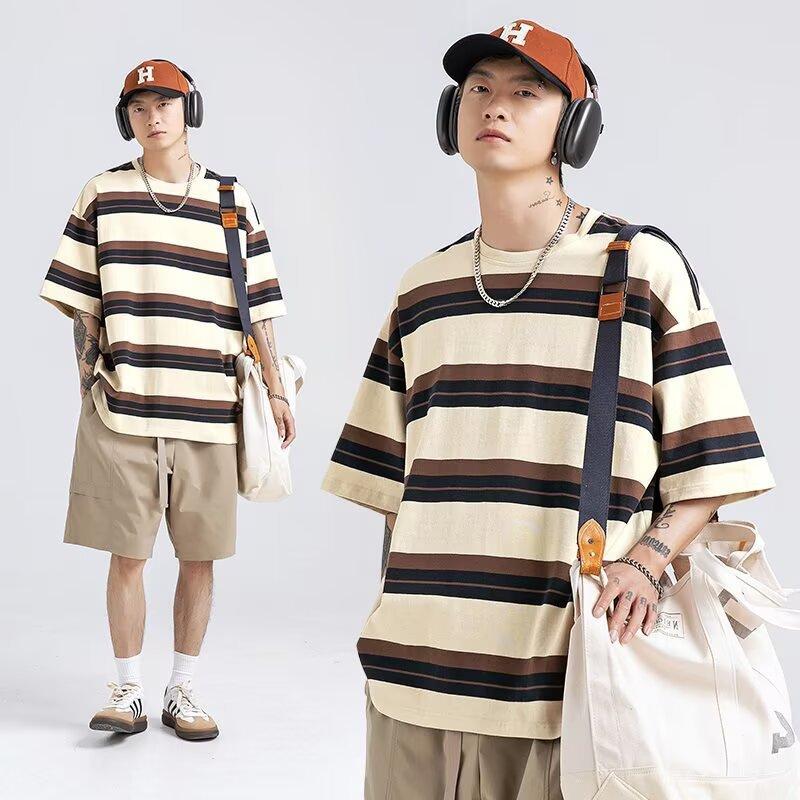 Summer new fashion casual loose striped short-sleeved T-shirt couple versatile Japanese trendy brand ins half-sleeved t-shirt