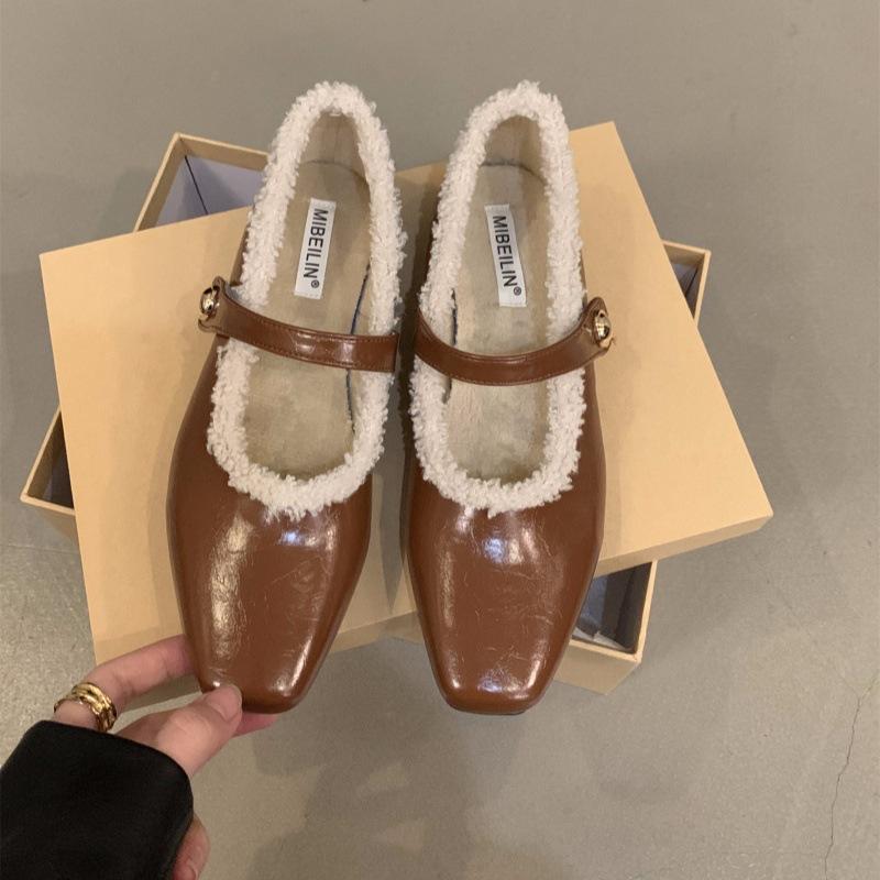 

Плоские осенне-зимние плюшевые хлопковые туфли, одинарные туфли, женская обувь 2025, новая квадратная голова, черные туфли Мэри Джейн, вечерние туфли 40 темно-коричневого