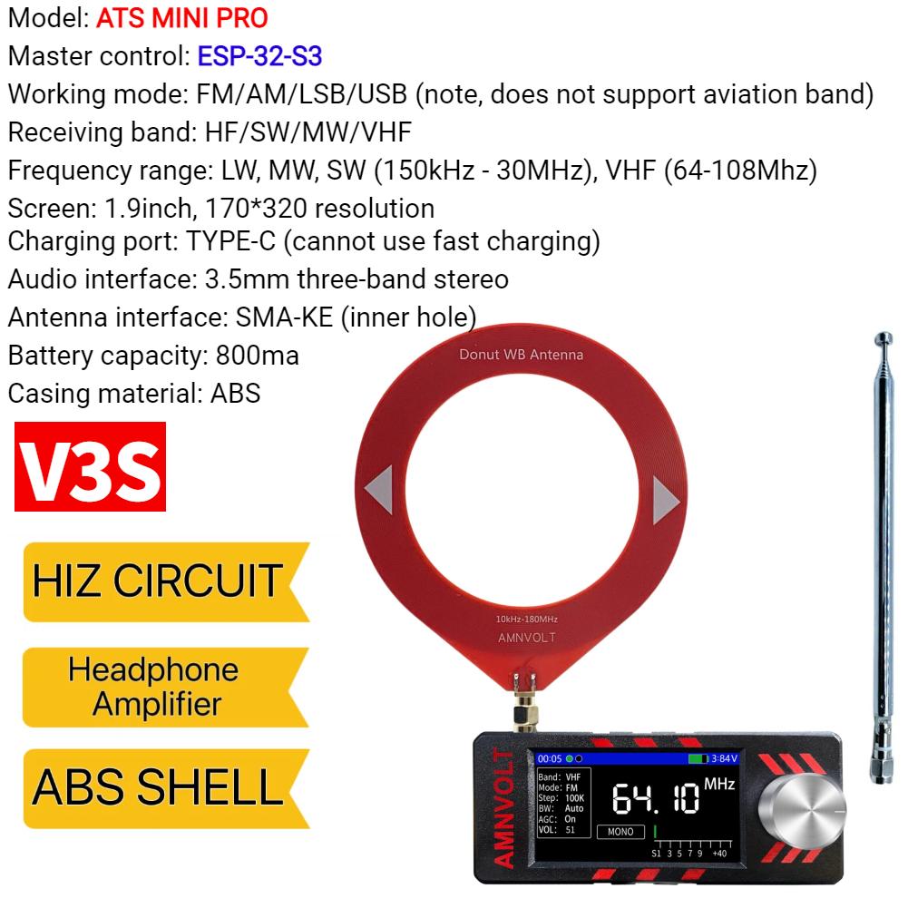 

AMNVOLT V4/V3S ATS MINI SI4732 Кишеньковий радіоприймач Усі діапазони DSP Радіо FM AM SSB LSB USB Приймач Кронштейн, з Hi-Z схемою ESP-32-S3