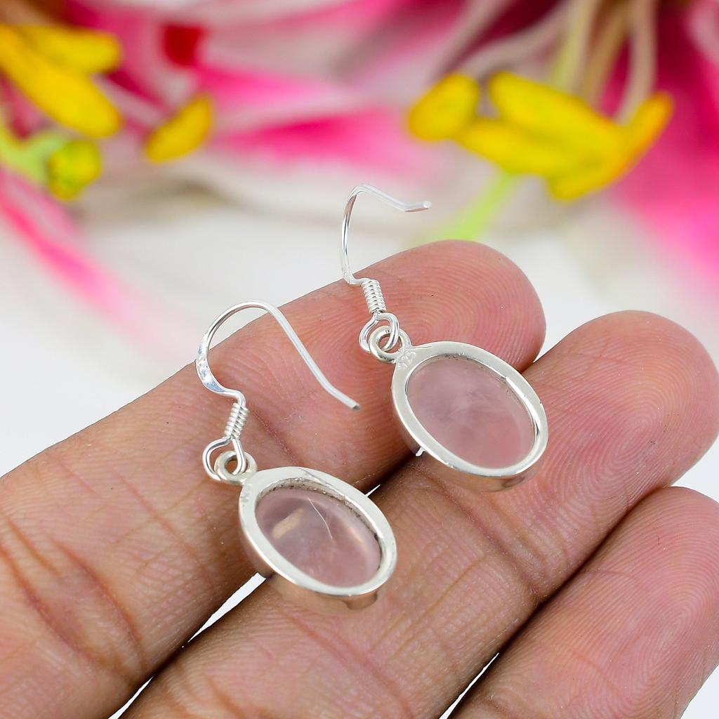 Natural Rose Quartz Gemstone 925 Solid Sterling Silver Gift Earring 1.25" G5a56