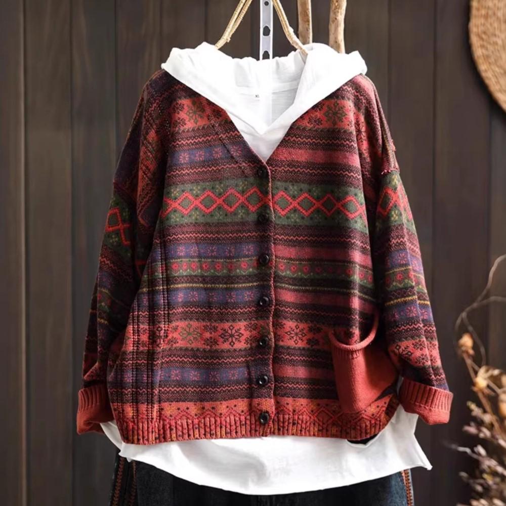 Johnature Women Vintage Sweaters Striped Print Floral Spring Chinese Style V-Neck Long Sleeve Knitted Sweaters