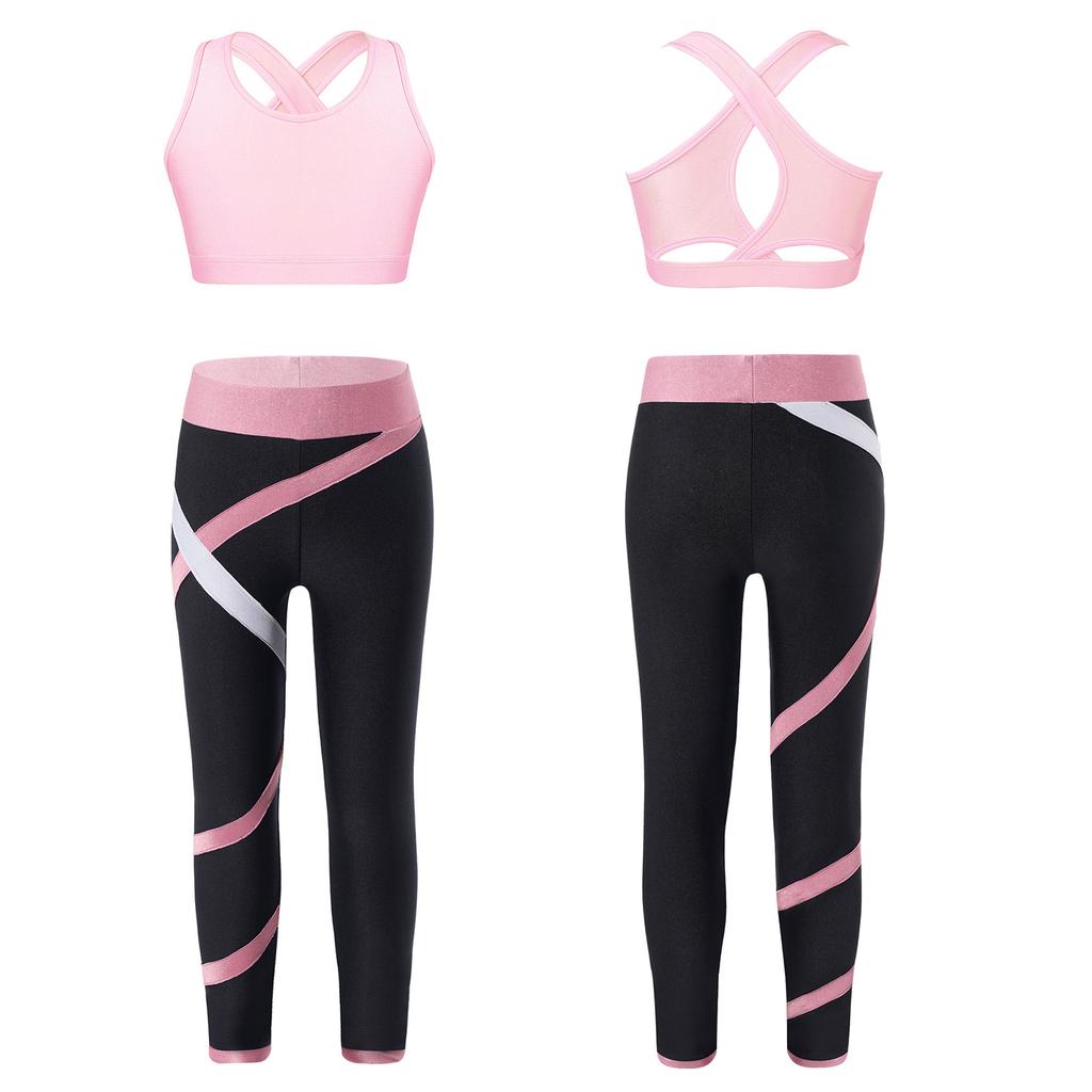 Dívčí Crop Top s U výstřihem, kříženými ramínky a klíčovou dírkou na zádech, bez rukávů, Color Block Legíny, Jógový Sportovní Set