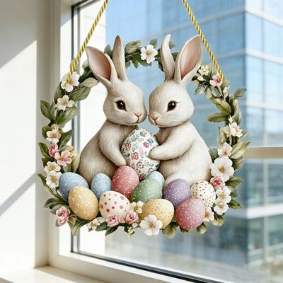 Easter Wreath 2D Acrylic Bunny Easter Eggs Wreath Spring Hanging Ornament for Door Wall Window Decor