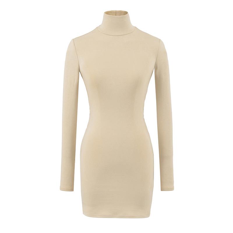 Elegant High-Neck Faux Cashmere Long-Sleeve Dress for Women, Autumn/Winter, Slimming Stretchy Fit, Short Plush Skirt