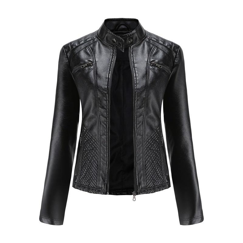 VANGULL Brand Women's Leather Jacket Casual Stand Collar Slim Fit Jacket Coat Spring Autumn Solid Color Coat
