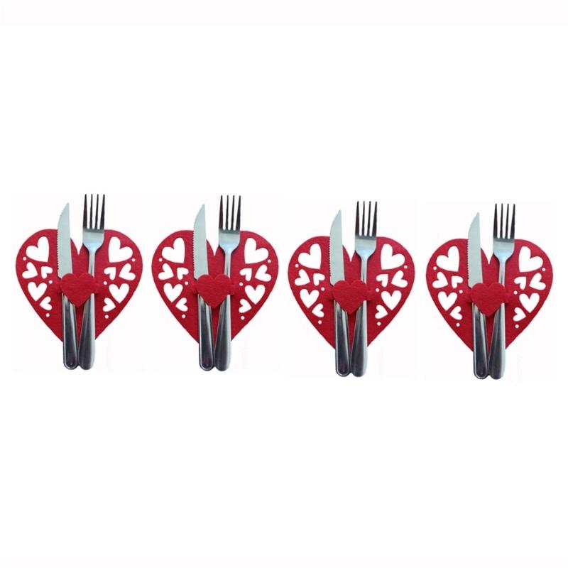 4 PCS Valentine's Day Love Cutlery Bag Set Fork Knife Bag Tableware Holder Bags Perfect for Couples and Special Dinners