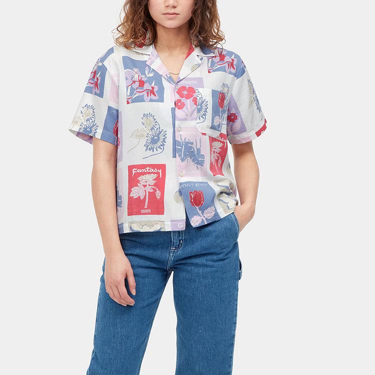 Carhartt WIP Womens S/S Verdanta Shirt White Floral Print Cuban Collar Shirt Women shirts I030049-0RZ-4G