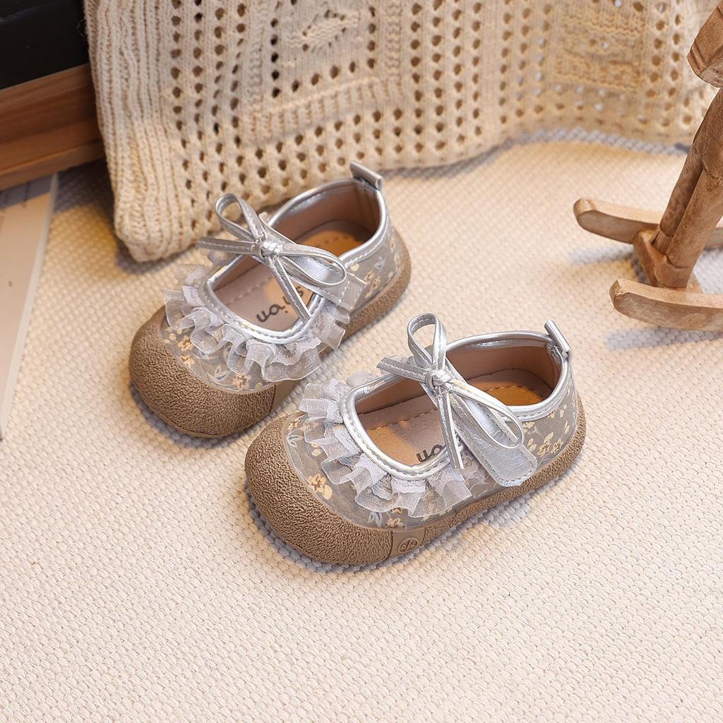 2026 Spring/Autumn Floral Bow Princess Flats - Girls' Mary Jane Leather Shoes for Toddlers