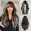 Women’s Natural Black Tea Brown Long Curly Wig with Blunt Bangs Full Wig for Daily Wear
