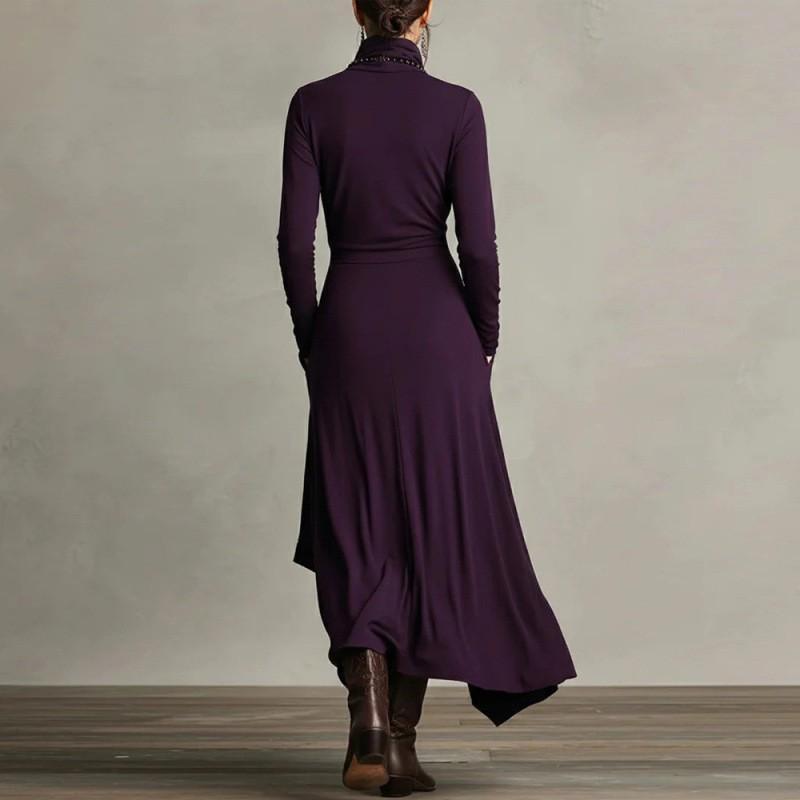 European Style Autumn/Winter 2025 Women's Solid Color Long Sleeve High Neck Irregular Dress