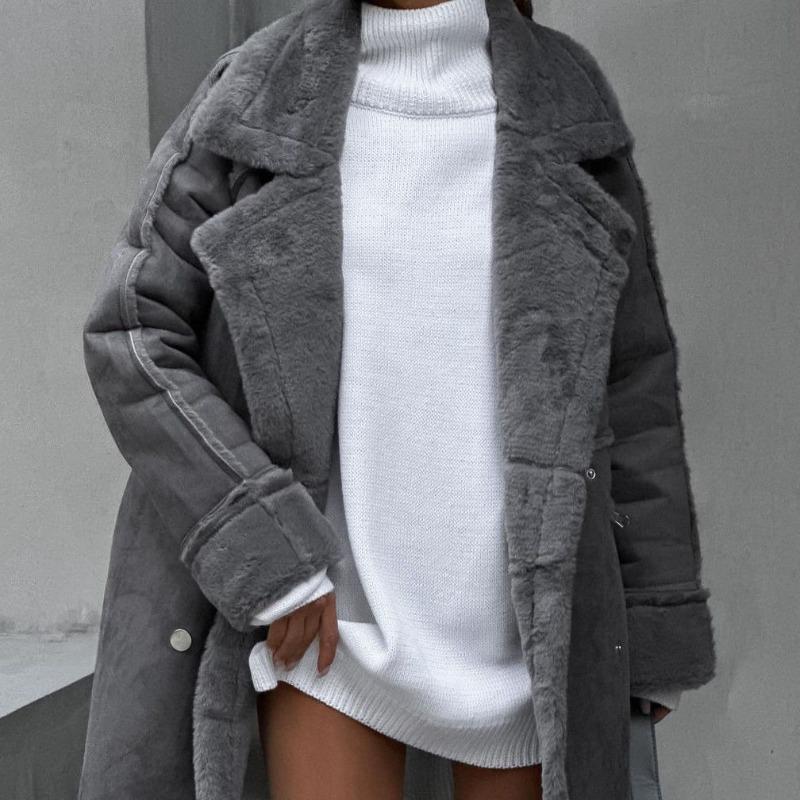 

Зимнее новое пальто из искусственного флиса под оленью кожу, женское средней длины, с мехом, цельное, свободного кроя и утолщенное XL темно-серого