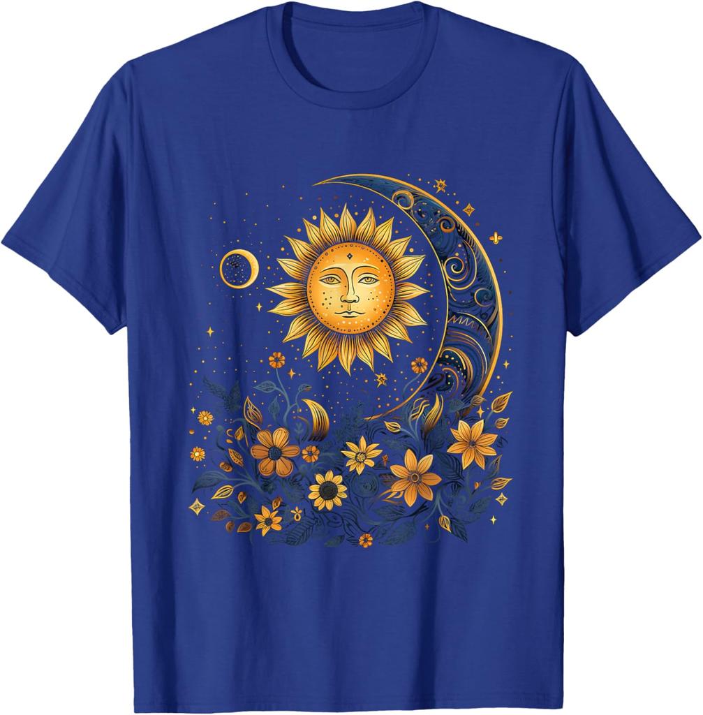 Mystic Sun and Moon Floral Graphic T-Shirt Men Casual Print O-Neck Breathable Trip Tee