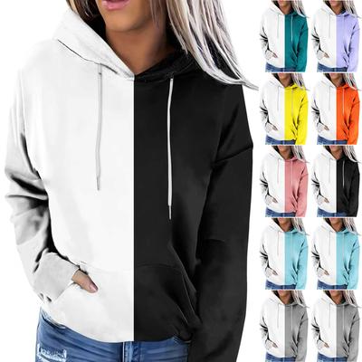 Women's Fashion Colour Block Hooded Long Sleeve Drawstring Sweatshirt Top