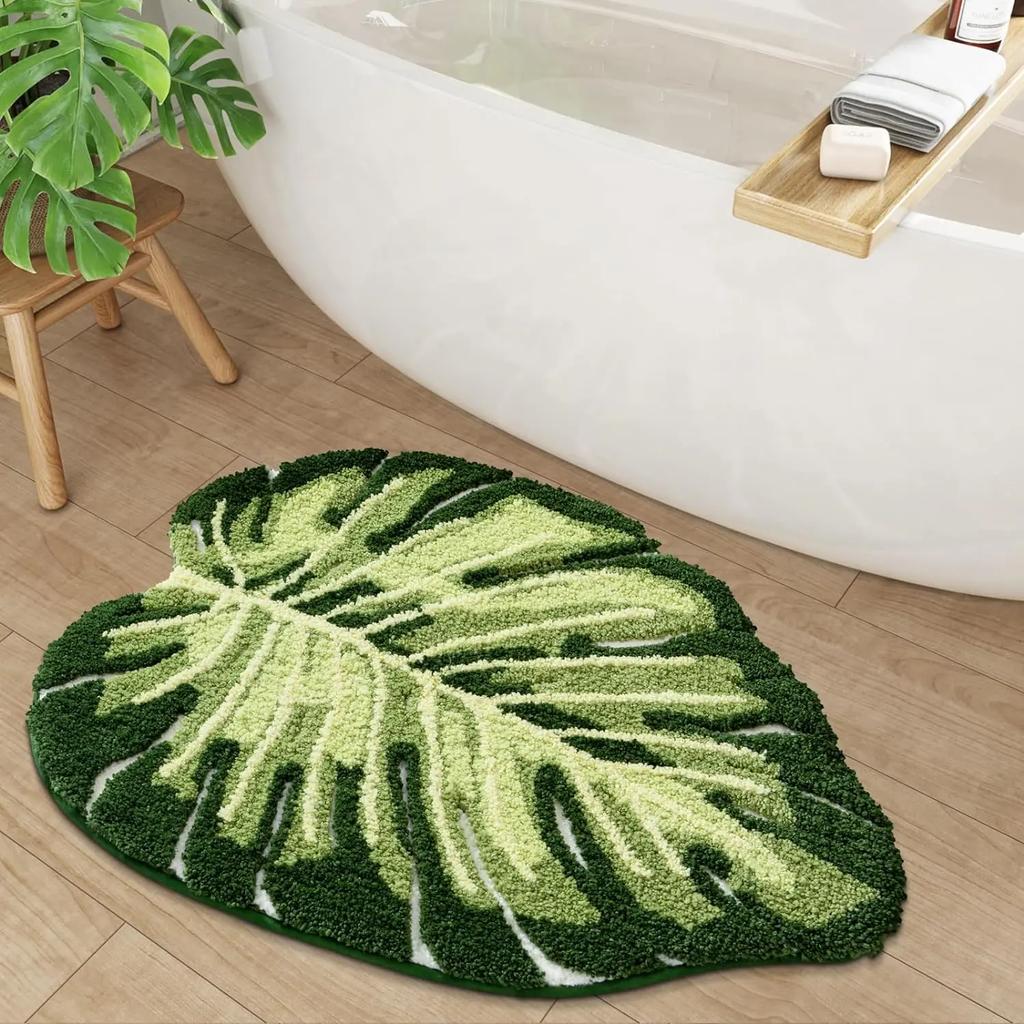 Tropical Green Leaf Bathroom Floor Mat Soft Plush Anti Slip Mat Bathroom Shower Bathtub Front Home Decoration