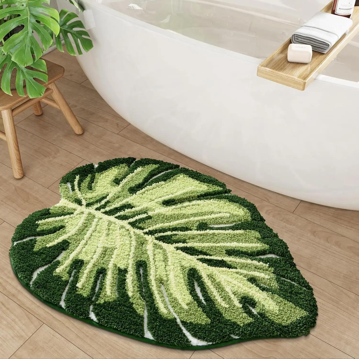 

Tropical Green Leaf Bathroom Floor Mat Soft Plush Anti Slip Mat Bathroom Shower Bathtub Front Home Decoration 40x60cm 16x24inch