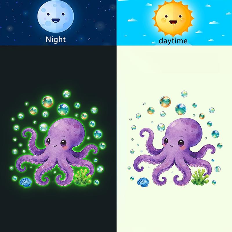Glow-In-The-Dark Painted Octopus Toilet Sticker Self-Adhesive Removable Wall Decals Home Decor Luminous Car Sticker