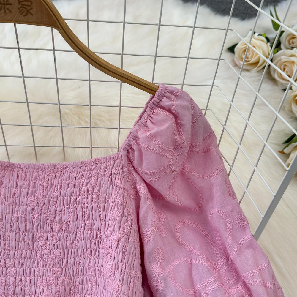 Fashion Dress for Women Square Collar Puff Sleeve A-line Floral Texture Vestido Womens Solid Color Folds Dresses Summer Dropship