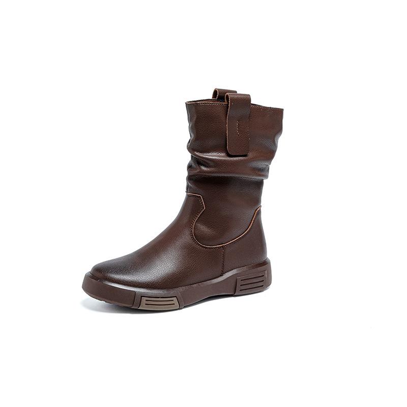 2025 Autumn and Winter New Leather Medium Boots Women's Martin Boots Versatile Thin Boots European and American Retro Knight Boots