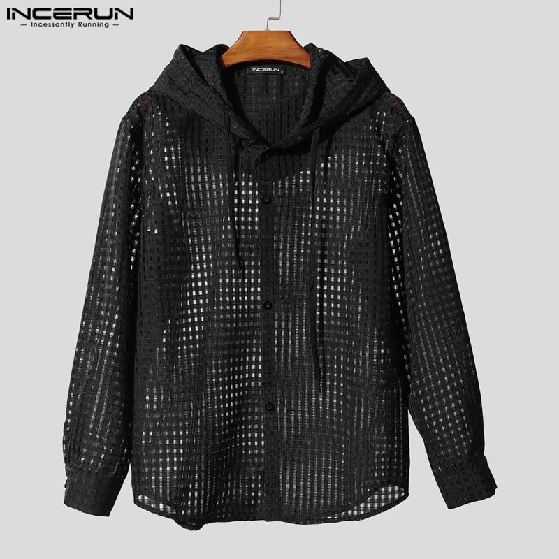 INCERUN Men Long Sleeve Buttons Plaid Transparent Hooded Shirts Outside Wear