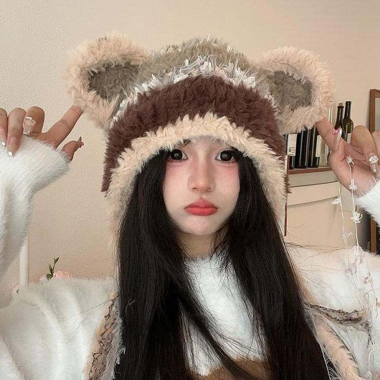 Autumn and Winter New Bear Hat Female Round Ears Little Raccoon Cute Plush Hat Strap Warm Knitted Hat