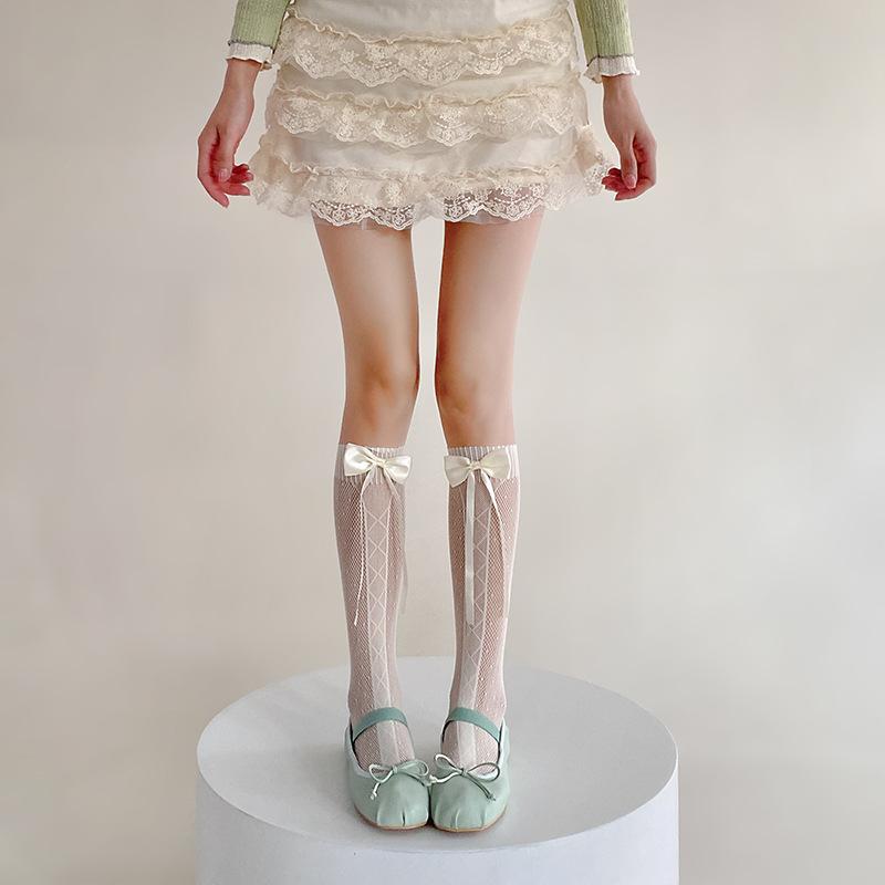 

Гольфы до бедра с бантом, тонкие, для весны и лета, Лолита, перфорированная сетка, лента, до колена, с махрой, гольфы до икры 1 pair бежевый