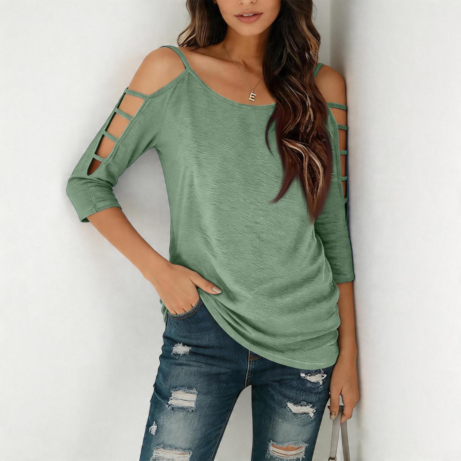 

Women s Casual Round Neck Three-Quarter Sleeve Off-Shoulder Loose Women s T-Shirt L армия зеленый