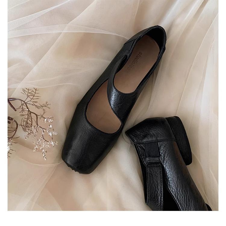 Grape Mom Studio Kadınlar için Yüksek Kaliteli At Derisi Kare Burun Kalın Topuk Deri Loafer - Sonbahar Stili