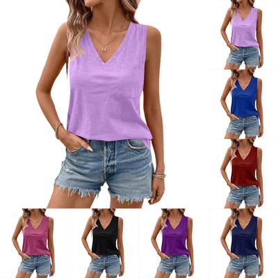 Damen V-Ausschnitt Lässig Mode Locker Vielseitige Weste Ärmelloses T-Shirt Mit Taschen