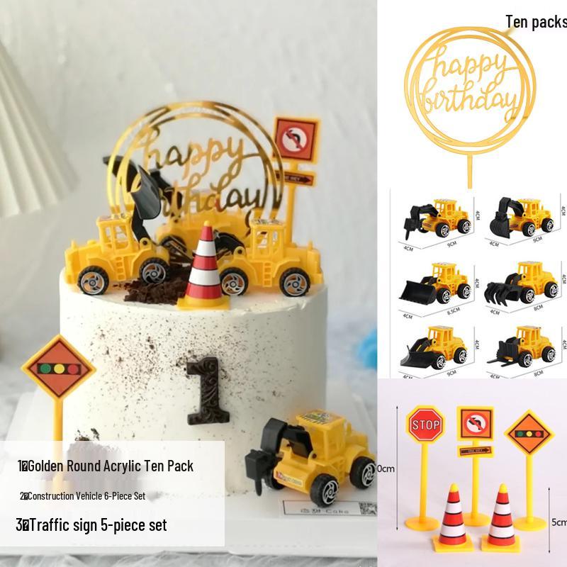 Construction Vehicle Cake Toppers: Excavator, Bulldozer, Roadblock Inserts, Figurines for Boys' Birthday