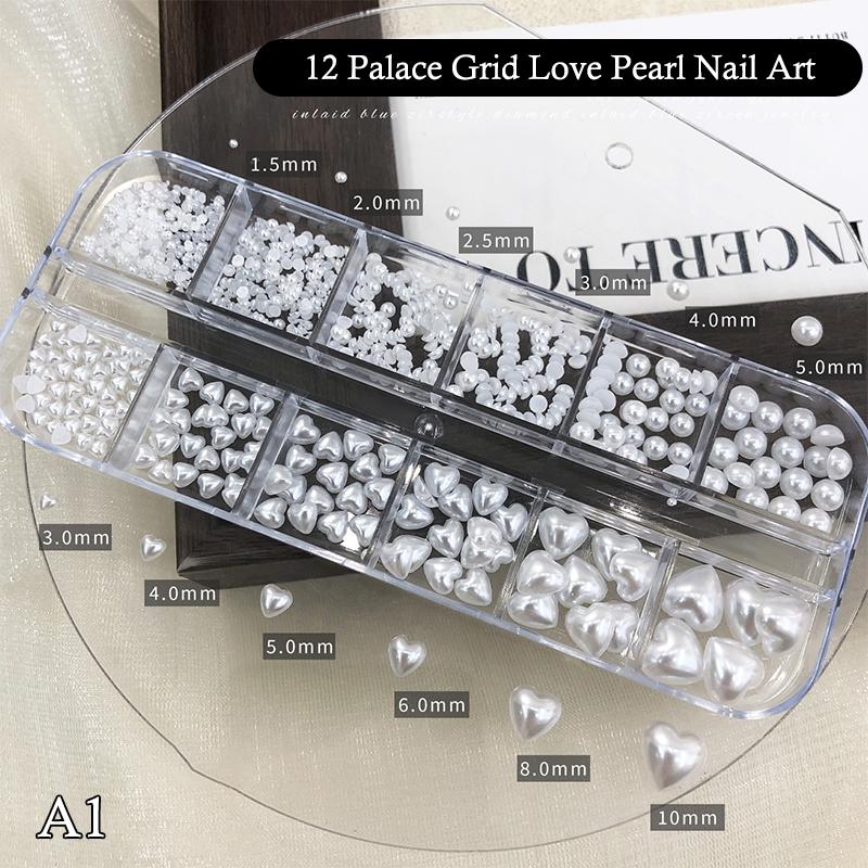 

12 Grid Mixed Heart Pearl Flat Bottomed Nail Art Nail Decoration Nail Charms Accessories Nail Jewelry Diy Nails Parts