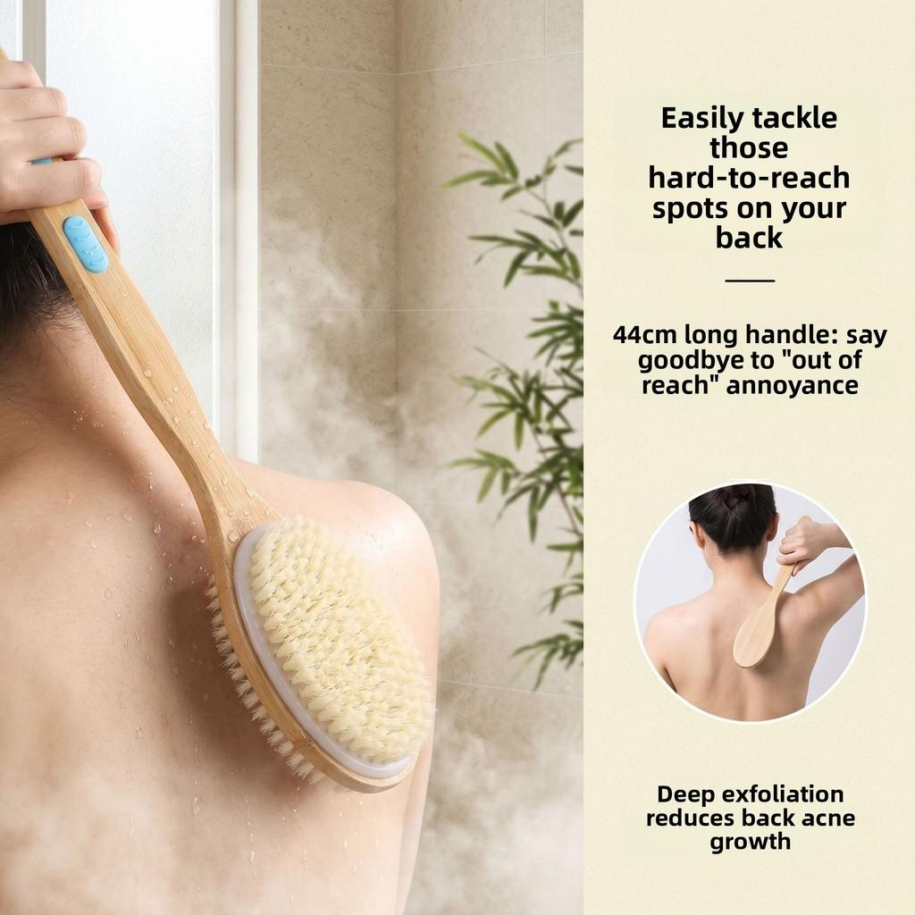 Bath Brush Exfoliating Dualside Long Handle With Pig Bristle For Skin Softening