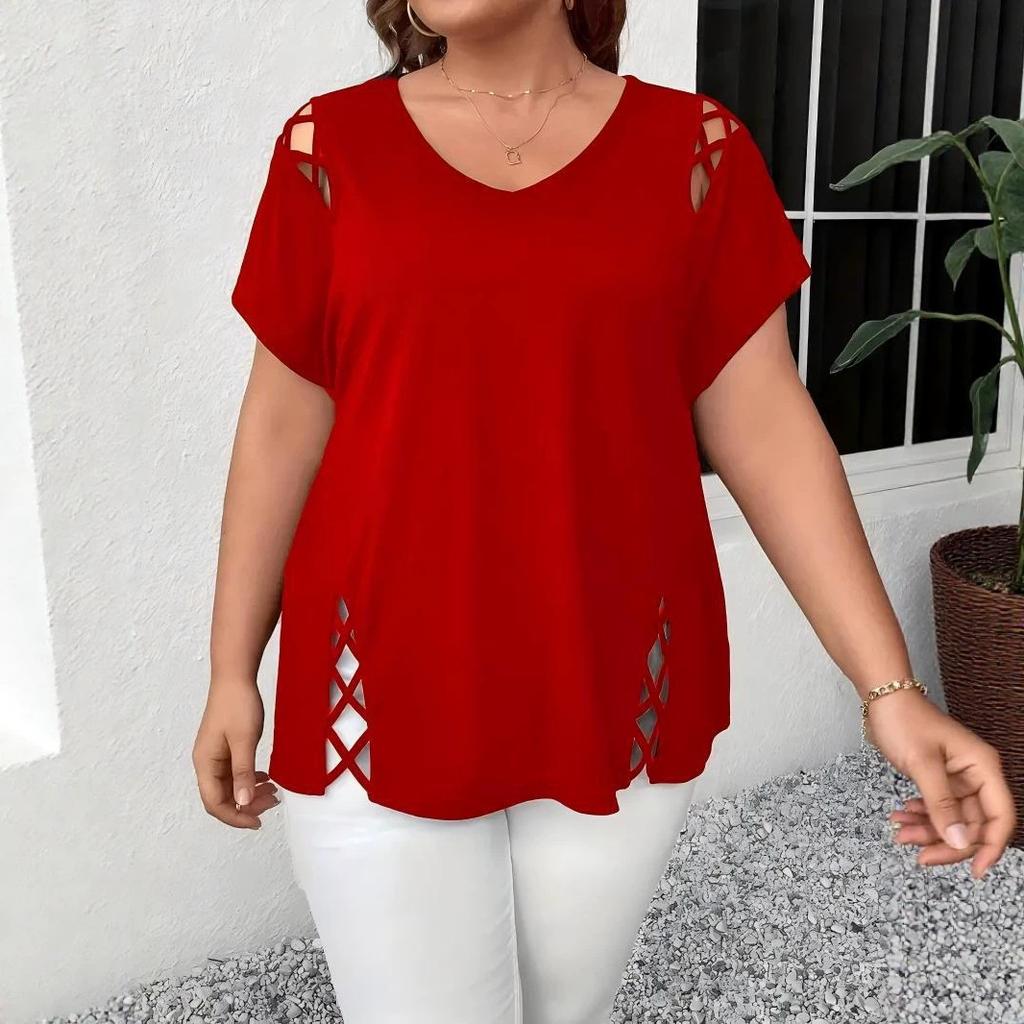 Women V Neck Short Sleeve Top Side Cut Out Design Casual Blouse Multiple Colors