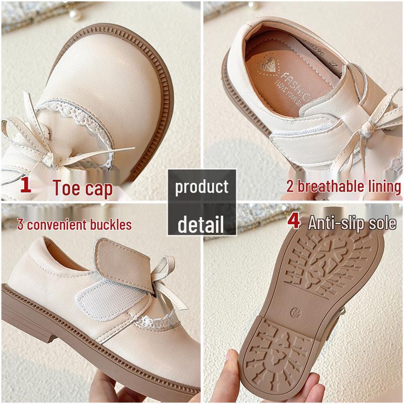 Sapatos de Princesa com Laço de Couro para Meninas com Sola Macia e Acabamento em Renda para Primavera e Outono