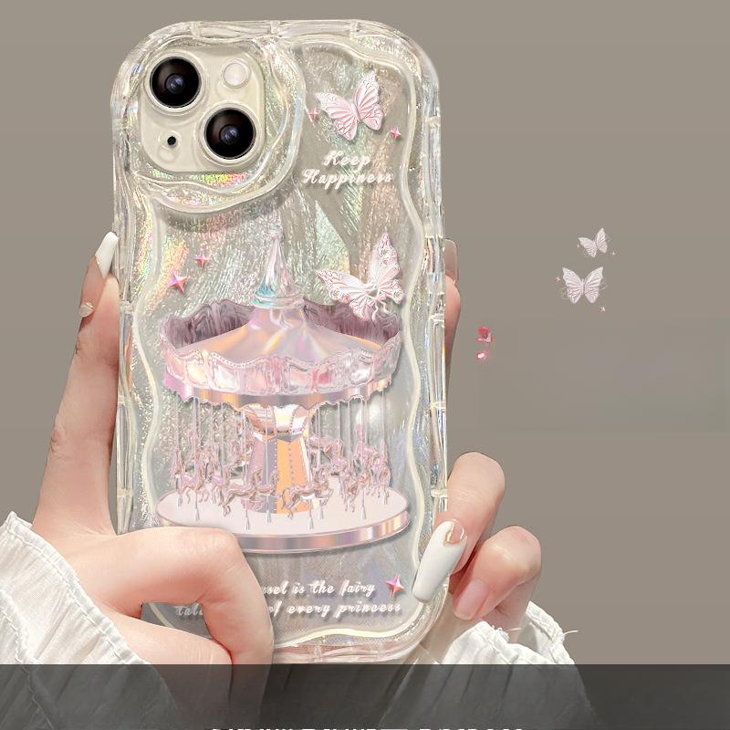 Carousel Chain Suitable for Apple 15promax Mobile Phone Case Iphone14 Feather Yarn 13/12 Transparent Silicone