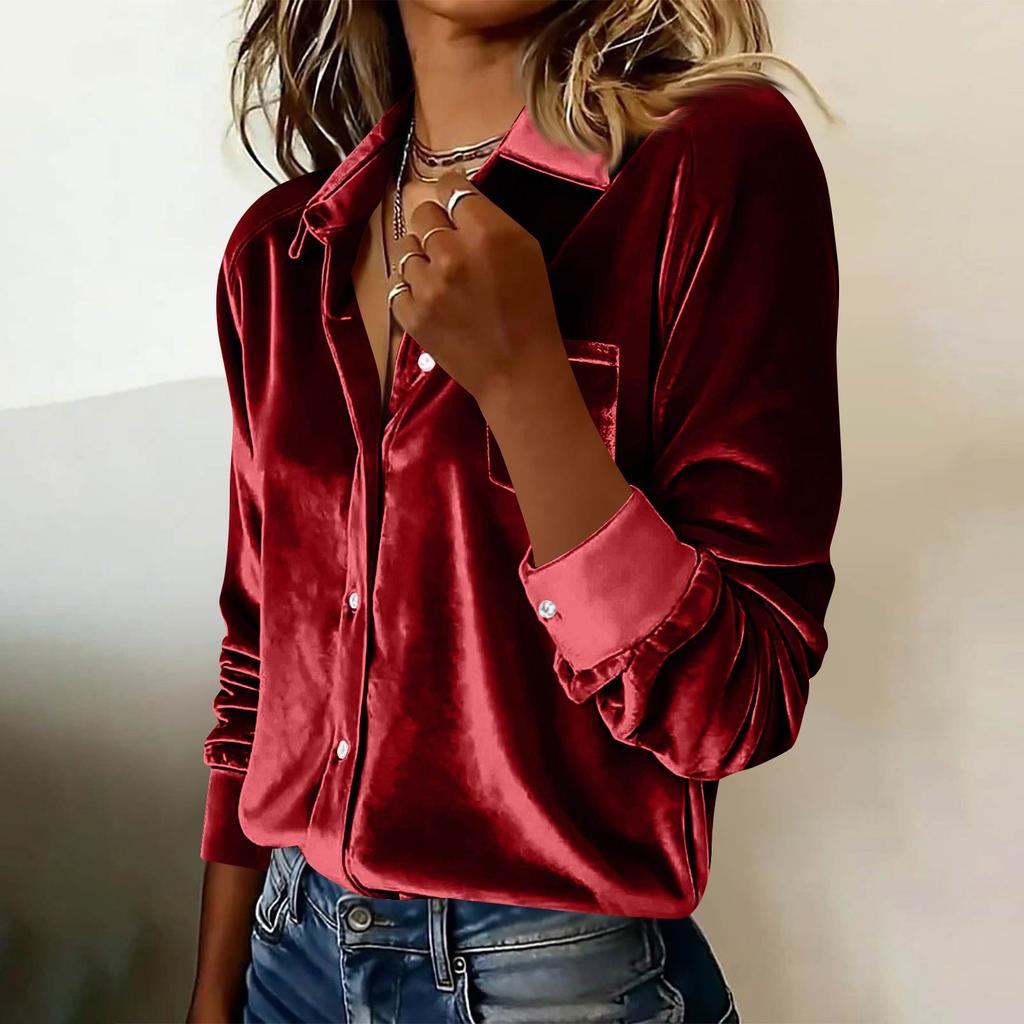 Damen Modisches Lässiges Langärmliges Kragenhemd Top aus Samt Übergröße
