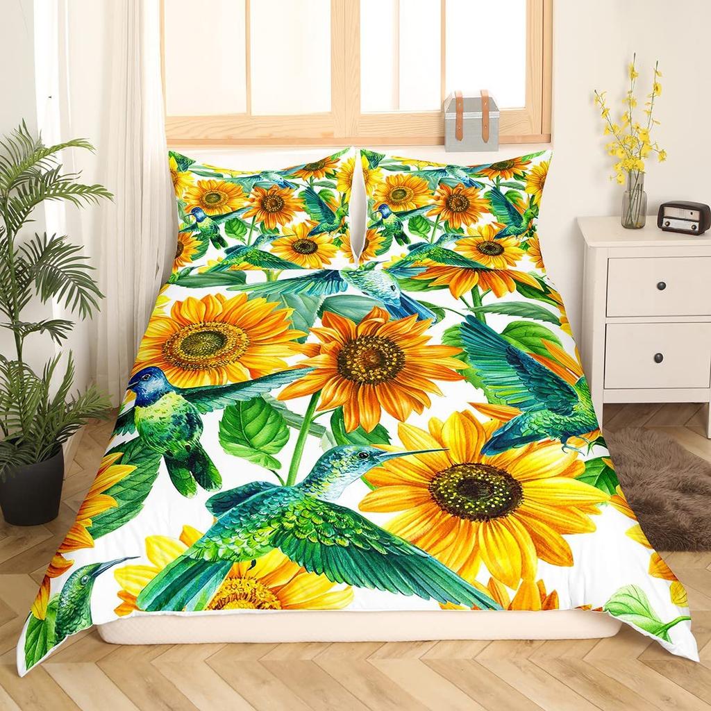 Colorful Flower Green Leaf Bedding Three-Piece Quilt Cover