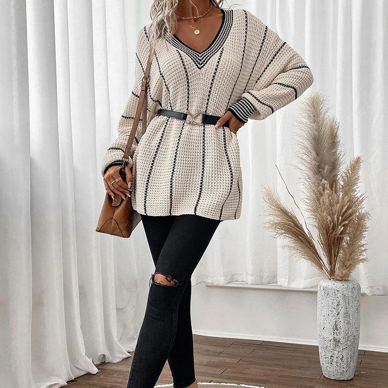 Women's Autumn and Winter Vertical Print Casual Loose Knit V-neck Sweater