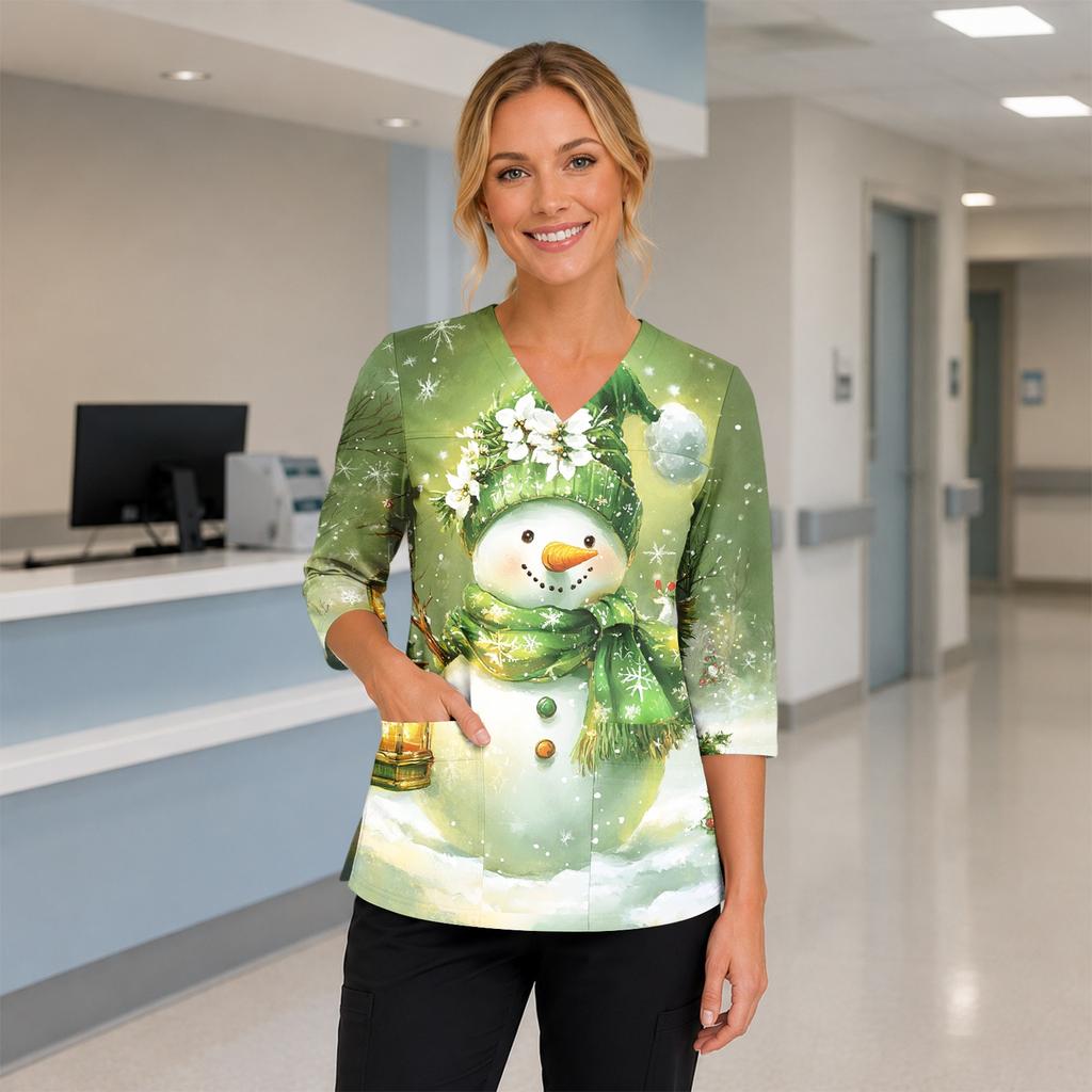Women's Christmas Print Uniform V-Neck Scrub -Quarter Sleeve for Caregivers