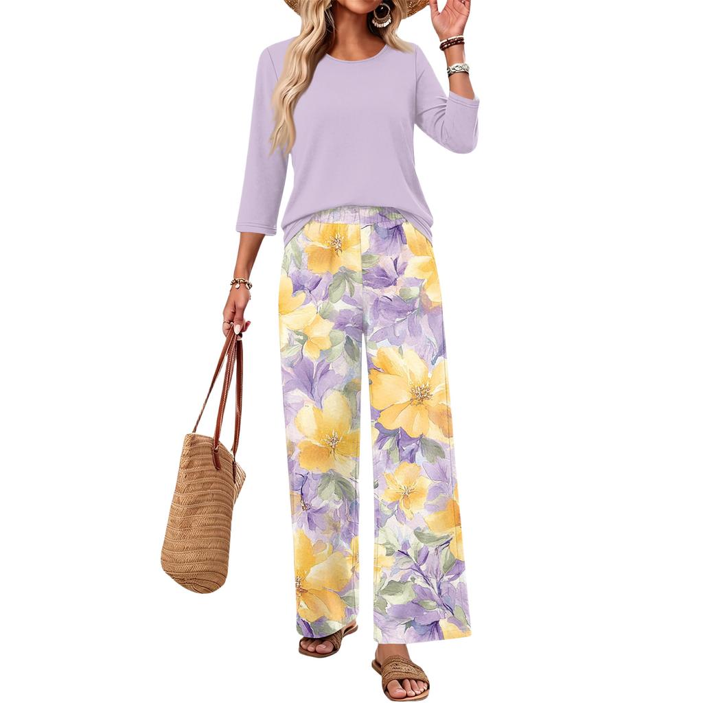 Women's Casual Two Piece Set Loose Fit Round Neck Top with Three Quarter Sleeves and Wide Leg Printed Pants Lounge Wear Set