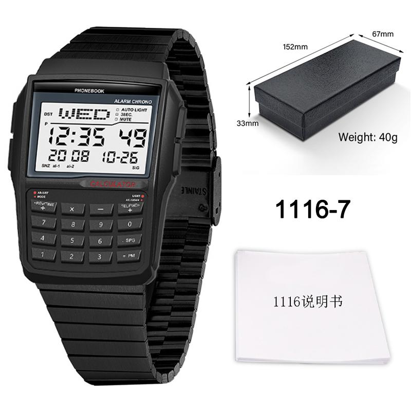Computer Style Top Luxury Stainless Steel Band Watch Men s Multifunctional Led Watch Plastic Case Calculator Watch  Sale