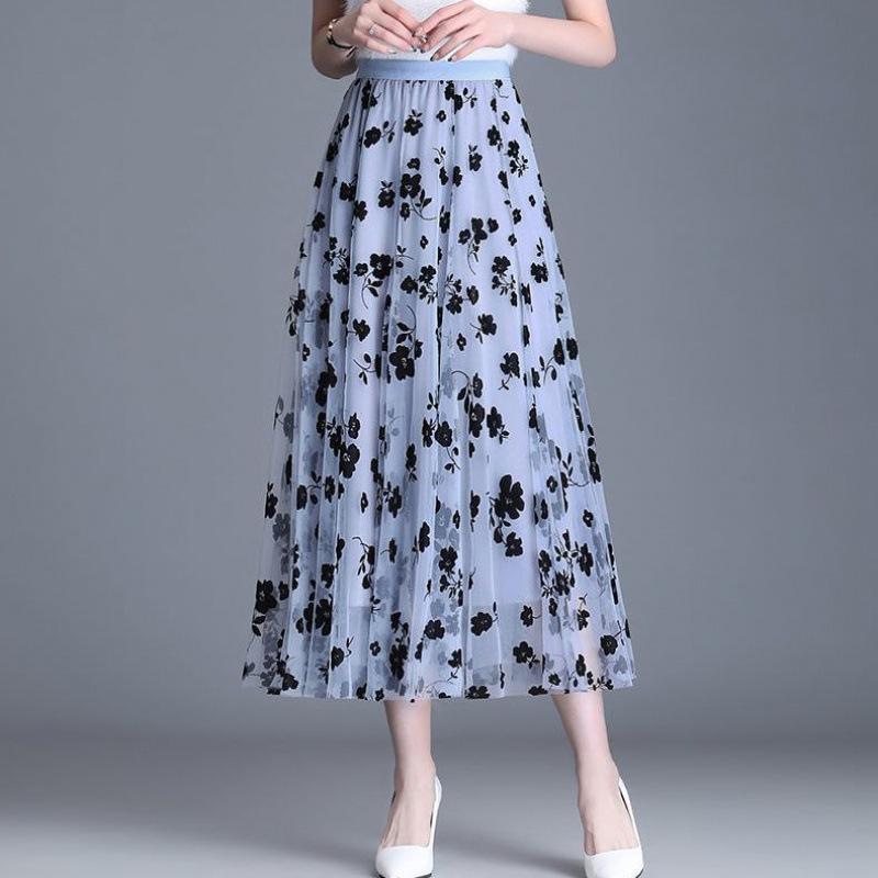 New Korean Women Tulle Skirt Fashion Summer Hook Floral Loose Midi Skirt Elegant Female Casual All Match Mesh Skirts