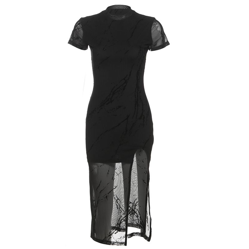 

# Sisjuly# New Chinese Style Elegant Mottled Ink Shadow Improved Cheongsam Light Yarn Patchwork Split Vest Dress Women Black S