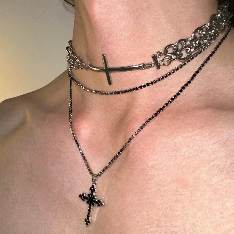Y2K Gothic Style Black Beaded Cross Necklace & Cool Girl Sweatshirt Accessory
