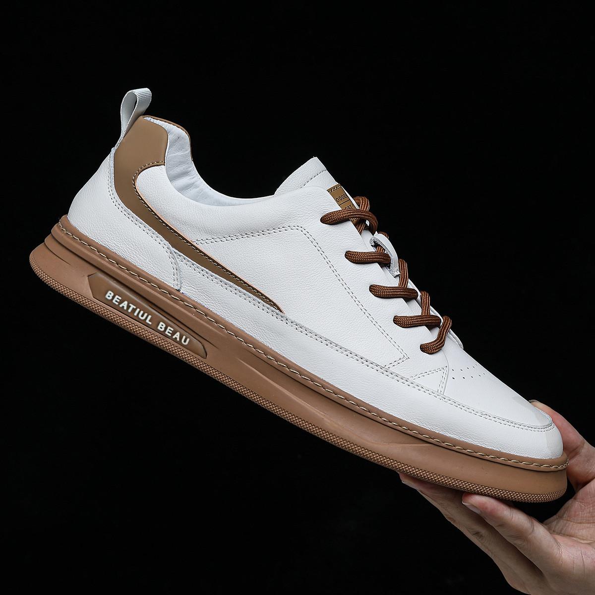 

Customized men s board shoes, leather versatile little white shoes, first layer cowhide fashion sports and leisure shoes, men s non-slip low-top 43