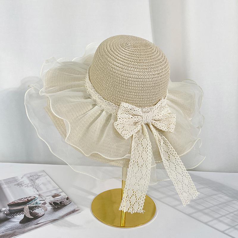Mesh Bow Lace Straw Hat Summer Big Brim Sun Protection Sun Hat Seaside Beach Resort Sun Hat